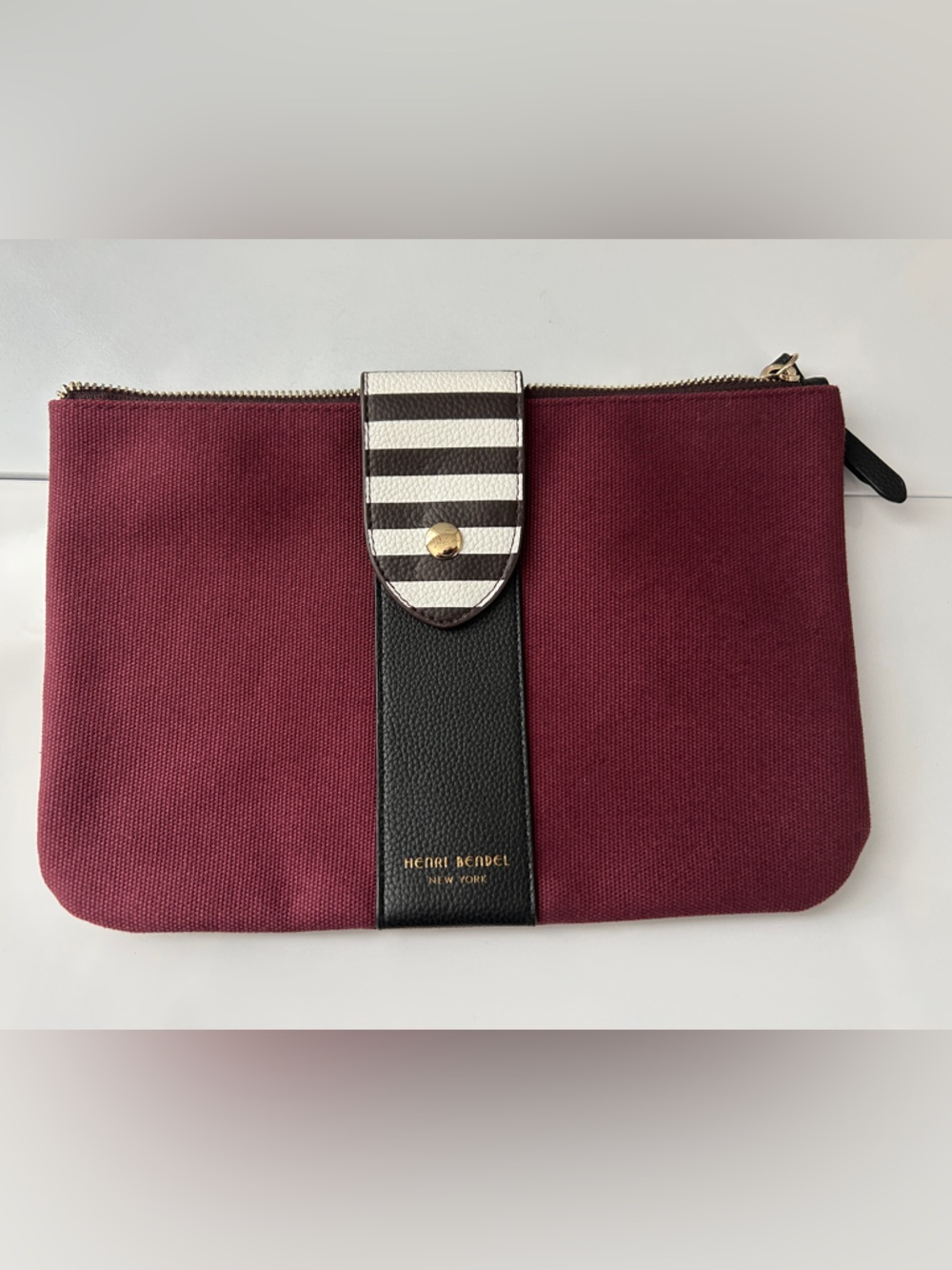Henri Bendel Black Trim Burgundy Canvas Cosmetic Pouch with Gold Logo